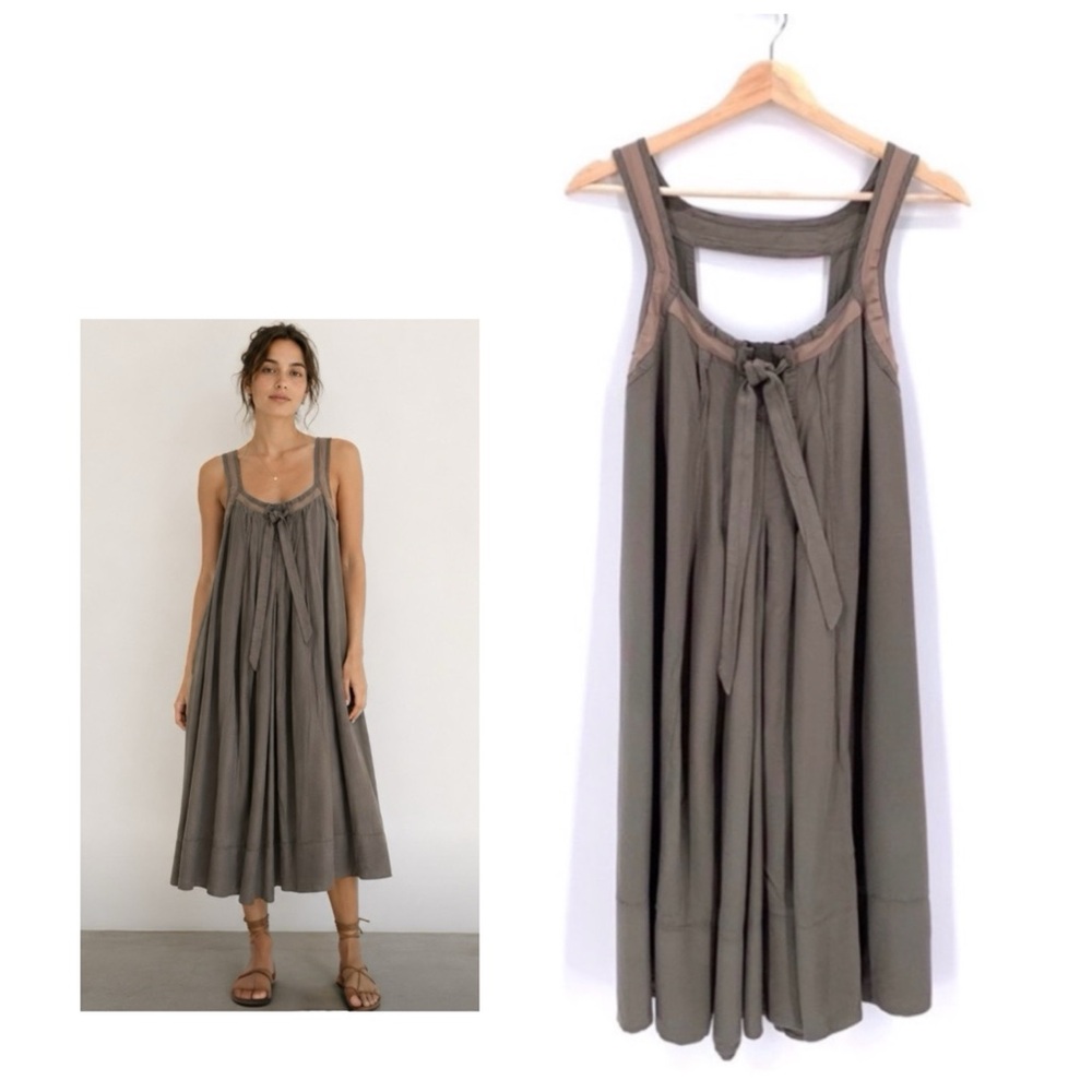 Lagenlook Dress Taupe Loose Fitting Sleeveless Front & Back Self Tie Belt Small